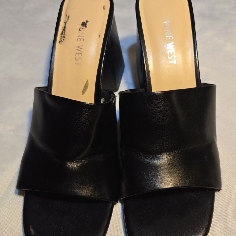 Nine West Heel Sandals Size 8 M Black Faux Leather High Block. Heel Height 3"